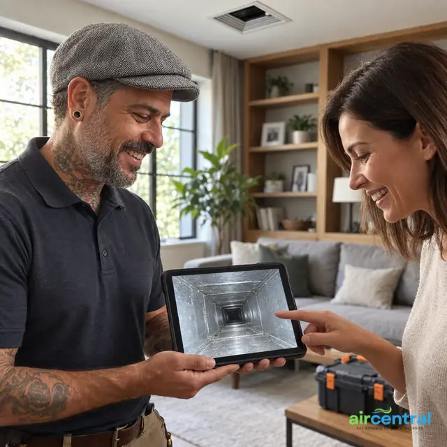 Nessi Ziv of Air Central reviewing indoor-air-quality inspection findings with a homeowner