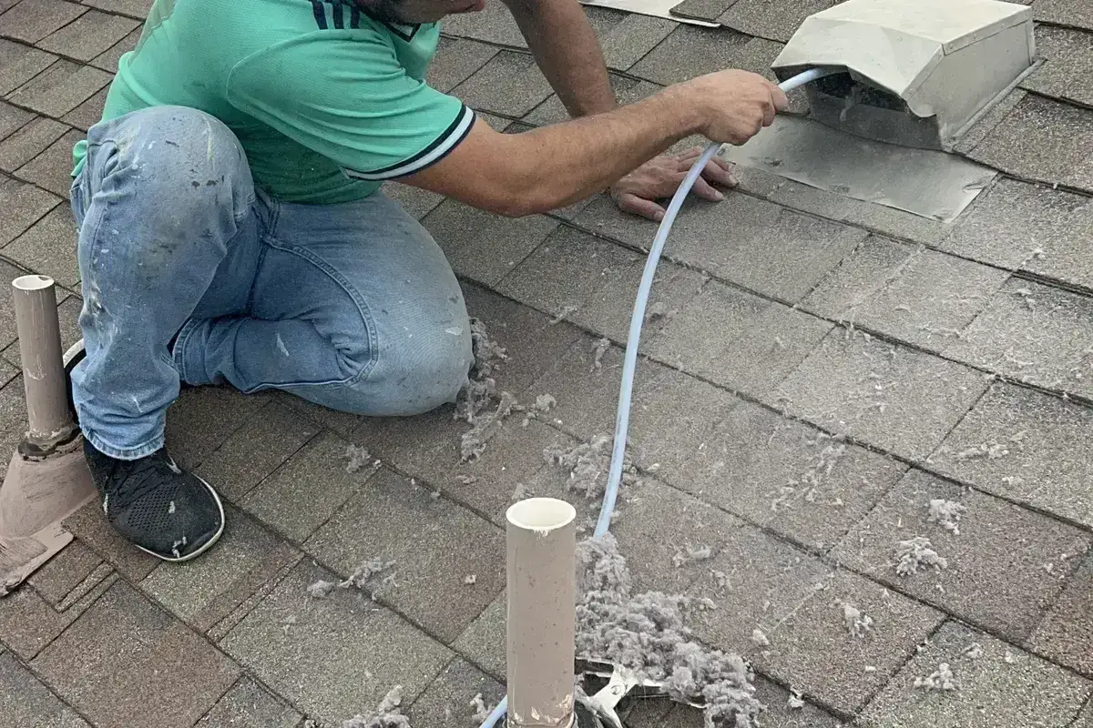 Technician cleaning dryer vent pipe on roof with lint visible