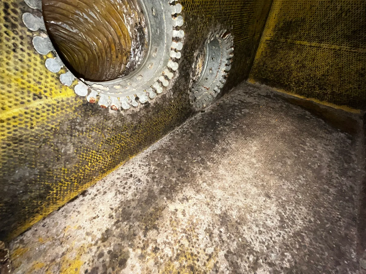 Plenum box before and after cleaning showing dramatic difference