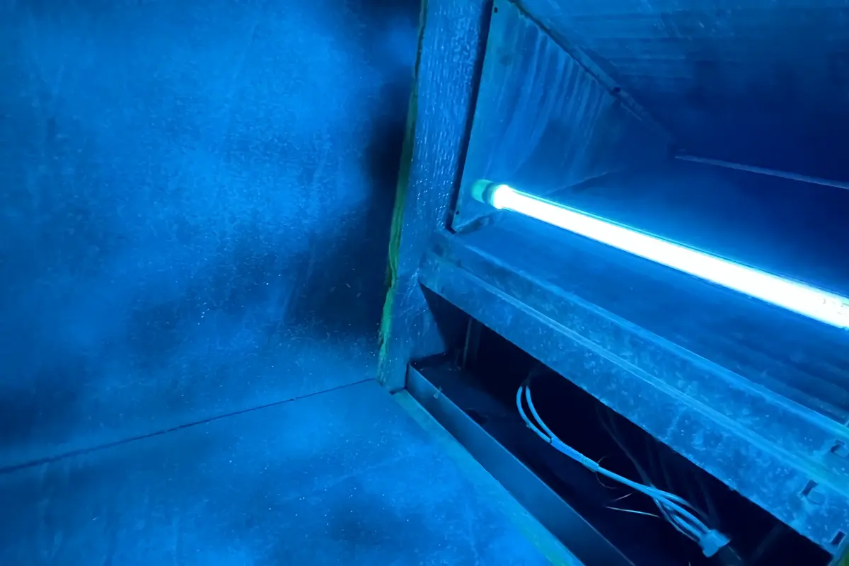 UV-C light installed inside HVAC ductwork purifying air