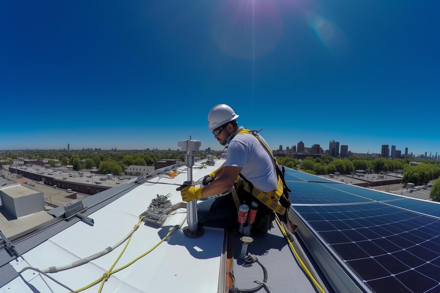 technician installing solar panels rooftop bright blue sky wearing safety equipment w 818261 5870